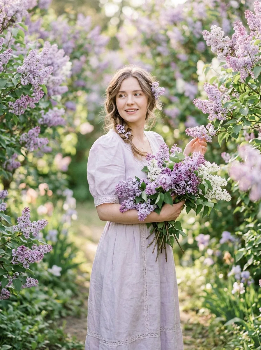 Женская фотосессия с сиренью в стиле Pinterest aesthetic