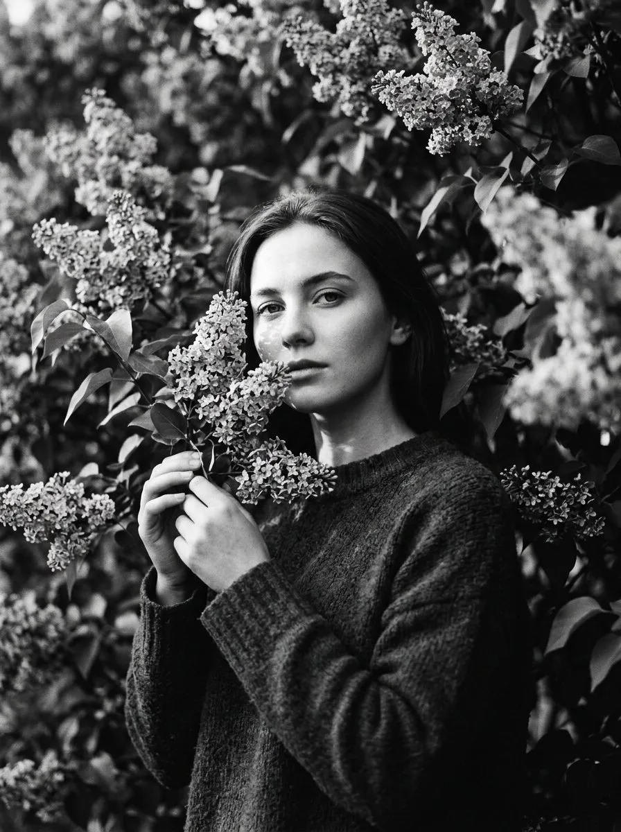 Черно-белая фотосессия с сиренью