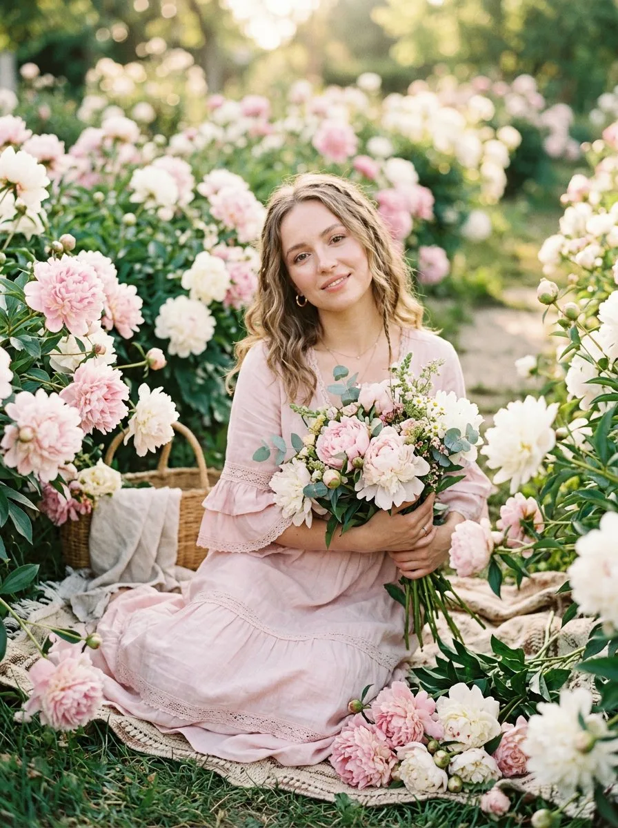 Женская фотосессия с пионами в стиле Pinterest aesthetic