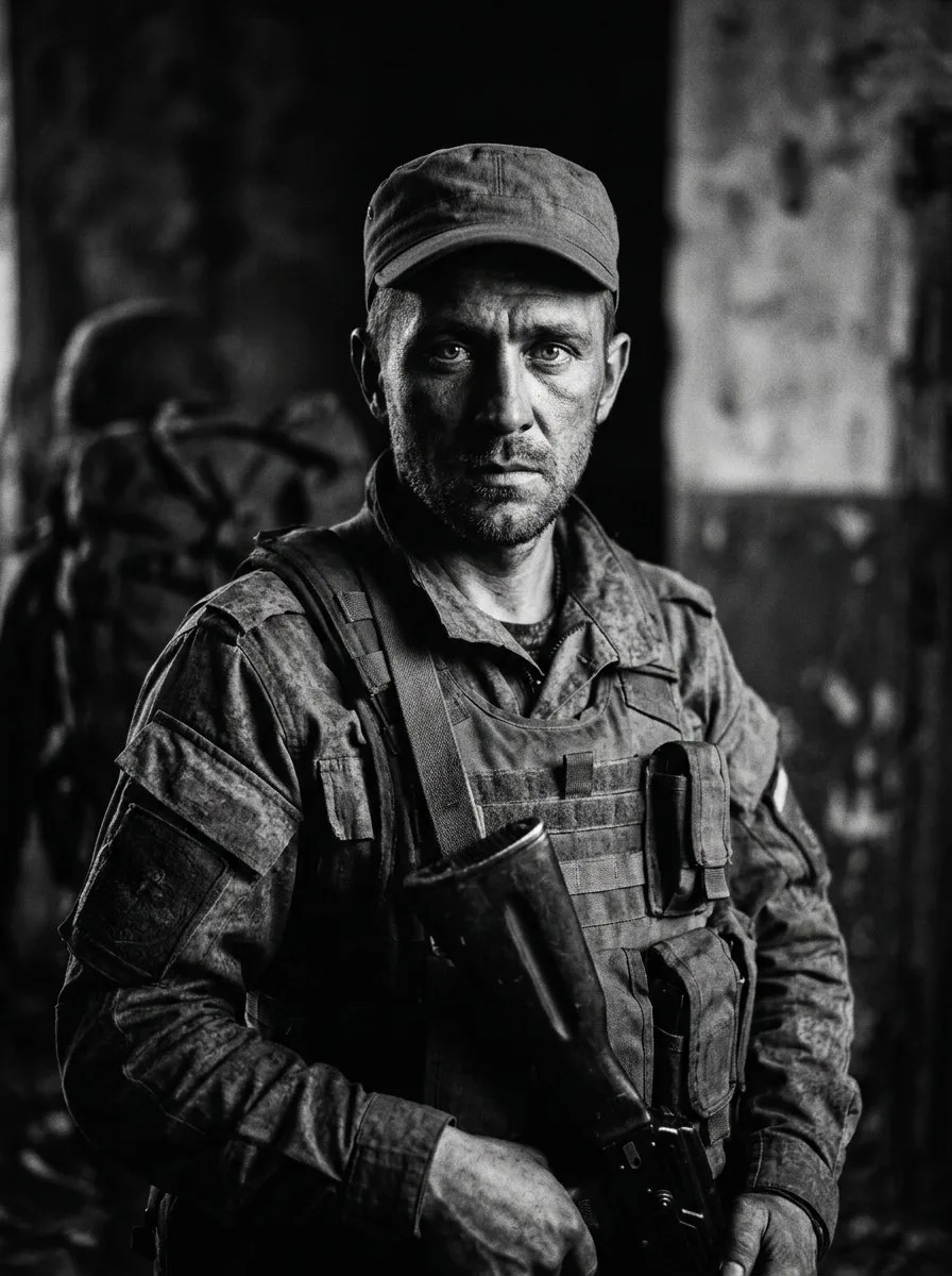 Черно-белая фотосессия с военным